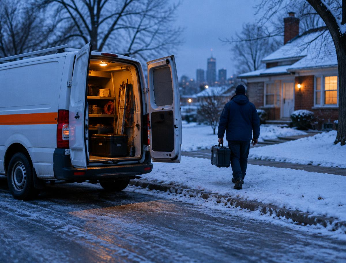 A sharpening van parked at the end of a snowy driveway in the evening, doors open, a technician carrying equipment toward the house